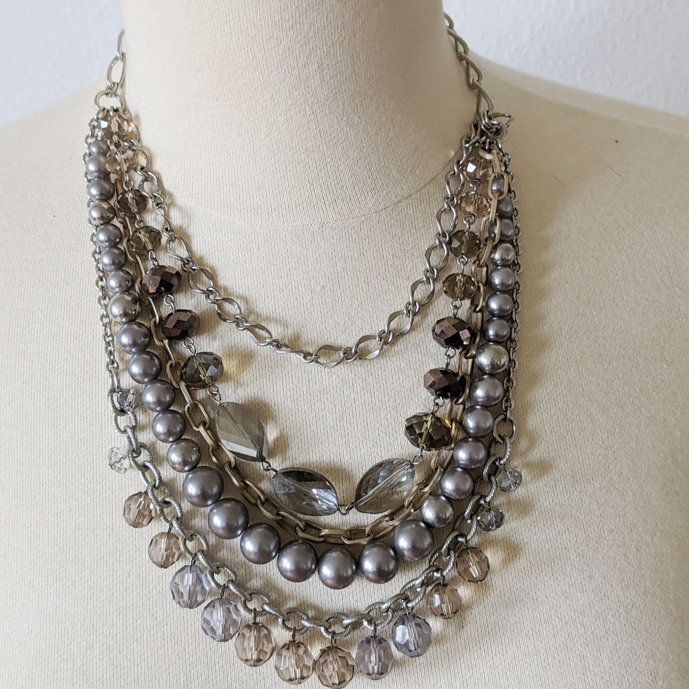 Loft Statement Necklace Multistrand Beaded Silver - image 1